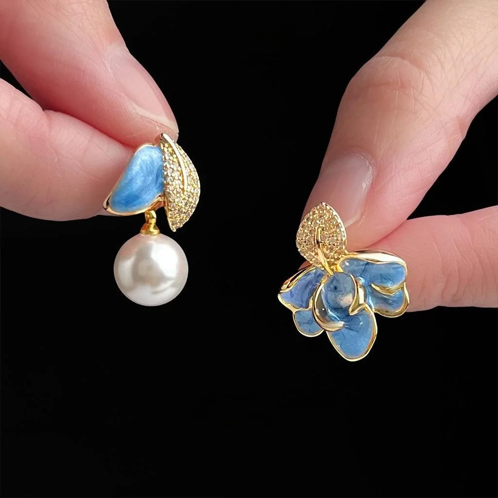 Chic Asymmetric Floral Copper Drop Earrings With Enamel Petals, Zircon Pave And Glass Pearl
