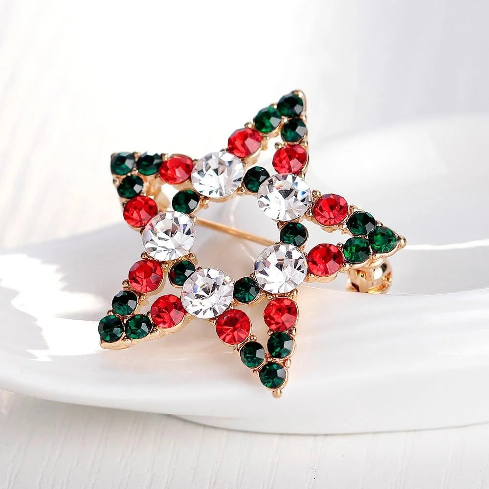 Elegant Christmas Star Rhinestone Alloy Brooch With Red Green Crystals, Festive Lapel Pin Corsage Gift