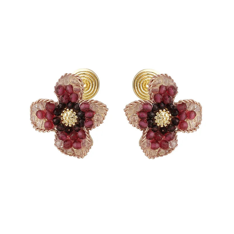 Elegant Crystal Rhinestone Flower Stud & Clip On No Piercing Options For Women Luxury Floral Earrings