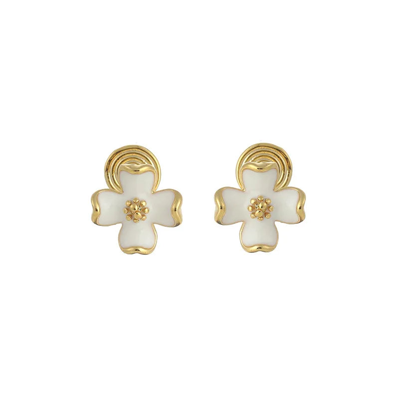 Elegant White Enamel Flower Alloy Stud & Clip On No Piercing French Style Women's Earrings