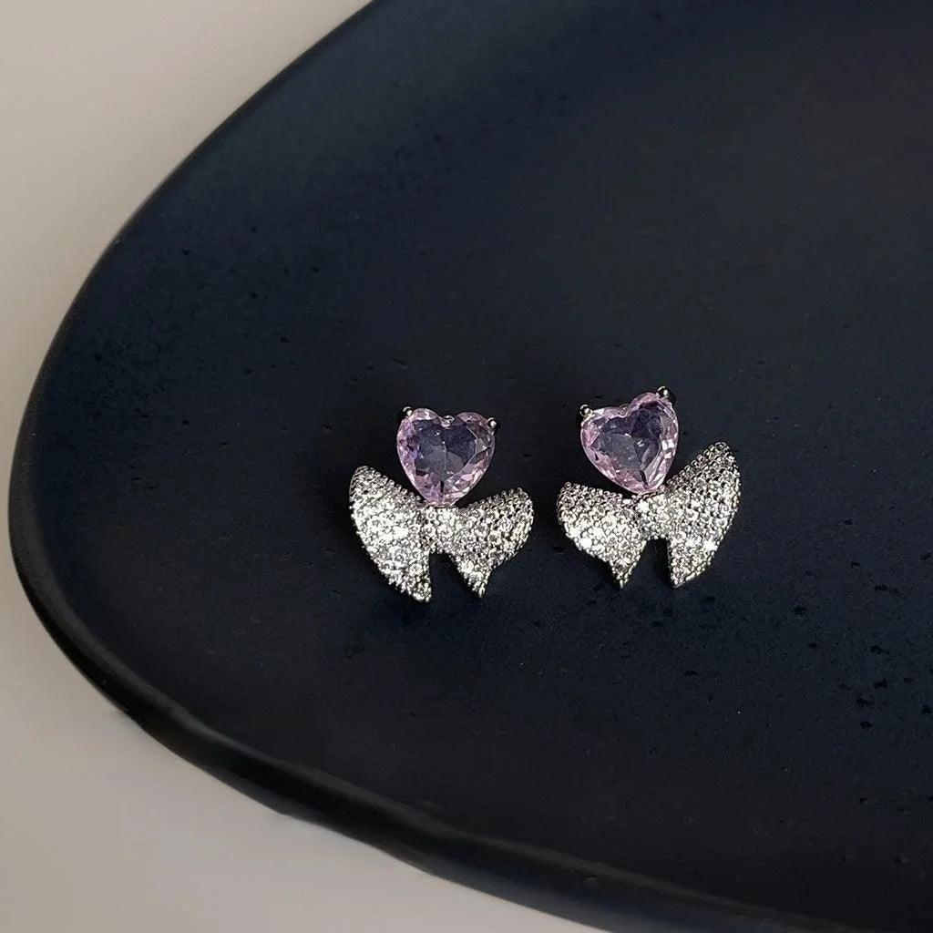 Sweet Cool Purple Heart Zircon Bow Stud Earrings Copper Full Zircon Niche Design Jewelry