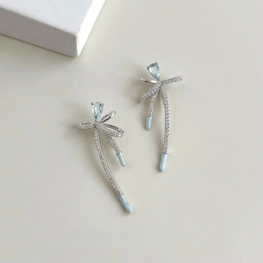Original Design Sea Blue Zircon Micro Pave Bowknot Copper Long Drop Earrings Sweet Elegant Jewelry