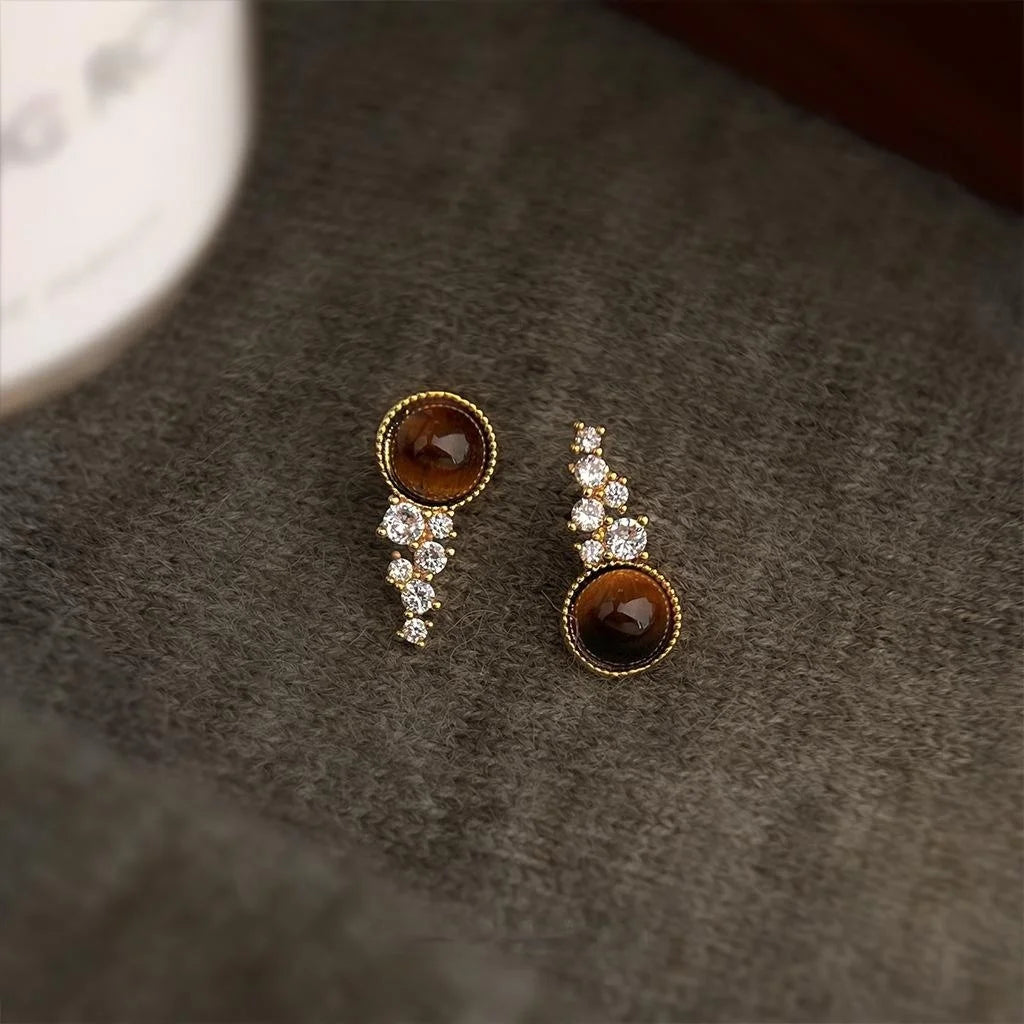 14K Plated Copper Tiger Eye Stone Zircon Round Stud Earrings