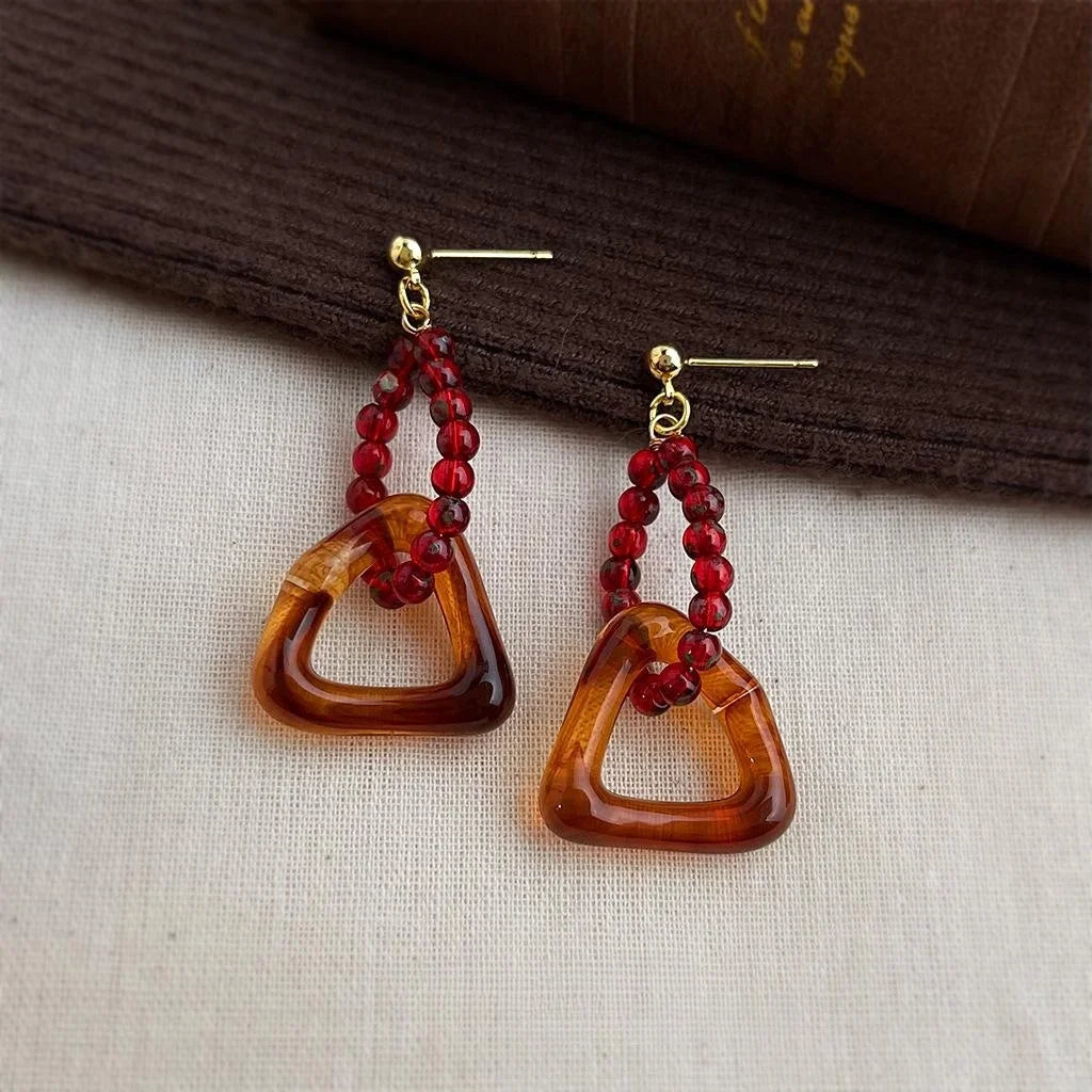 Maillard Style Vintage Handmade Geometric Resin Glass Drop Earrings With Copper