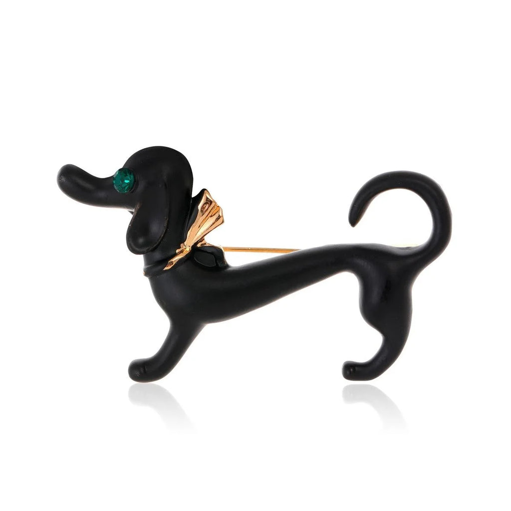 Cute Gold Alloy Dachshund Dog Brooch With Green Rhinestone Eye, Creative Animal Lapel Pin Gift