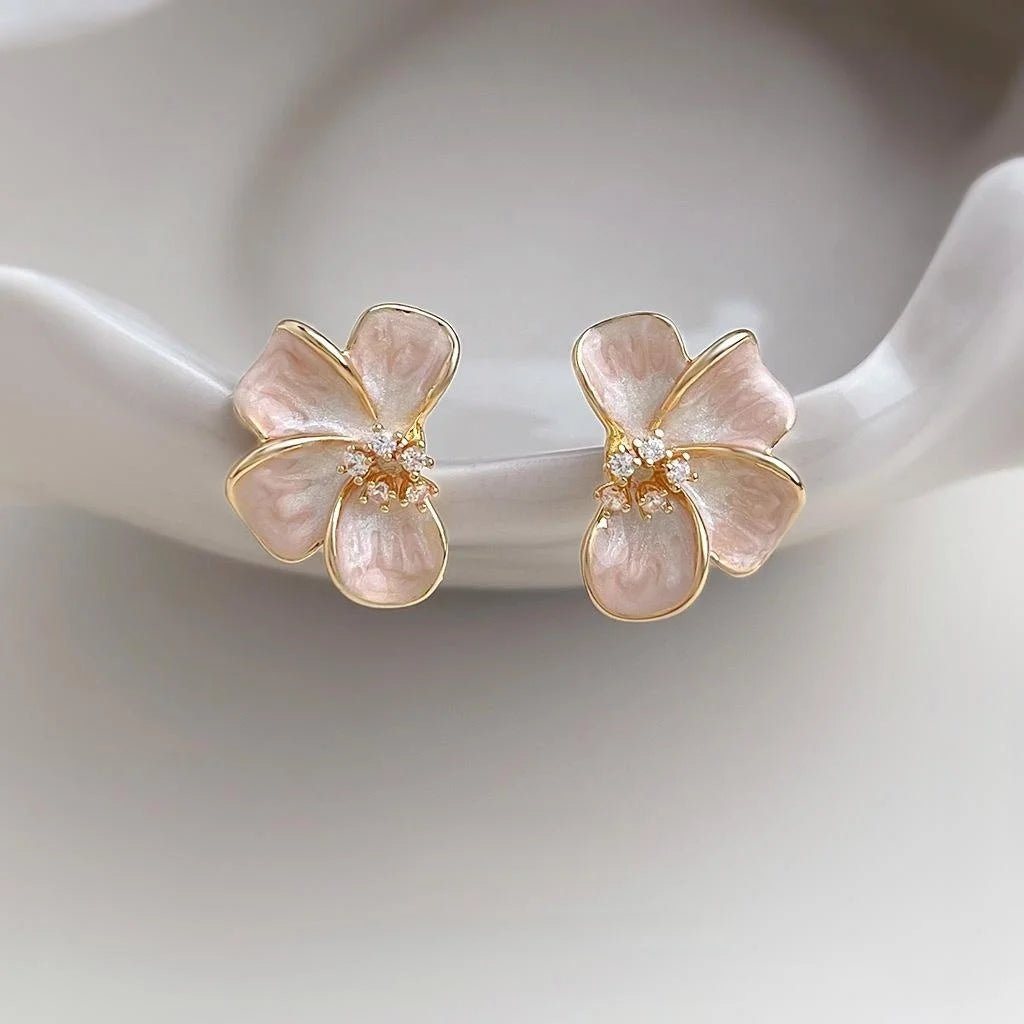Fairy Style Gradient Enamel Flower Stud Earrings With Zircon, Copper