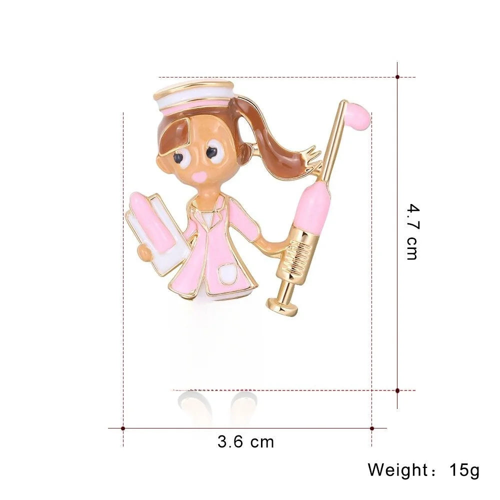 Cute Enamel Alloy Nurse Girl Brooch With Syringe, Fashion Lapel Pin Suit Accessory Gift For Women