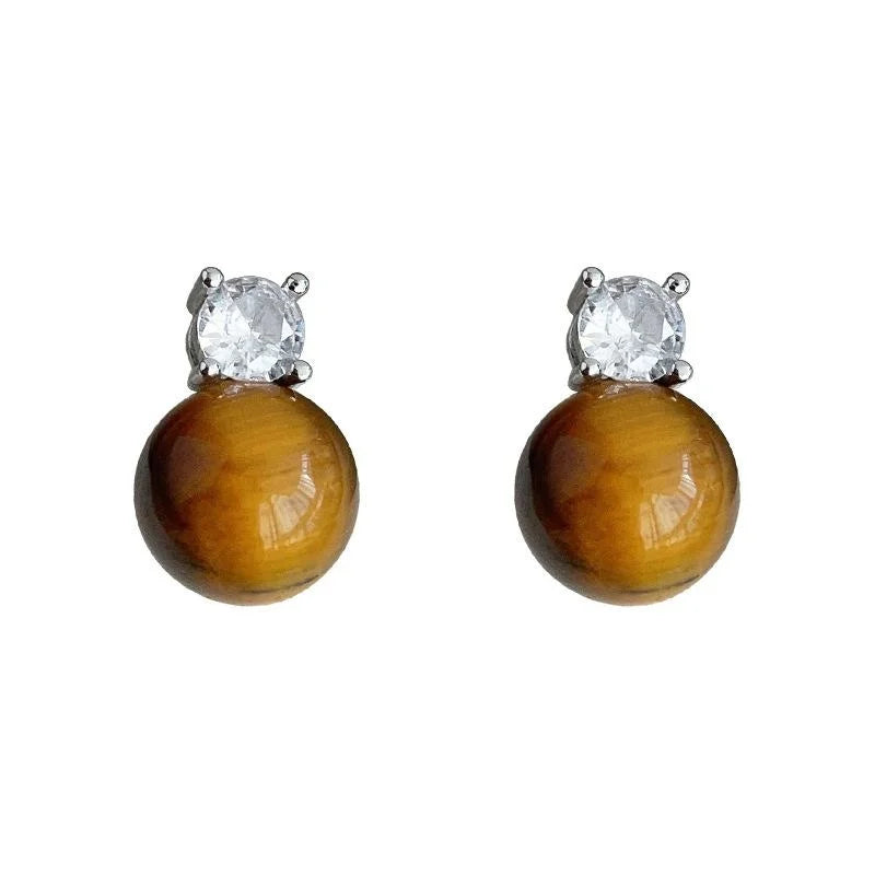 Light Luxury Tiger Eye Stud Earrings Brown Geometric Round Zircon Paved Copper Jewelry