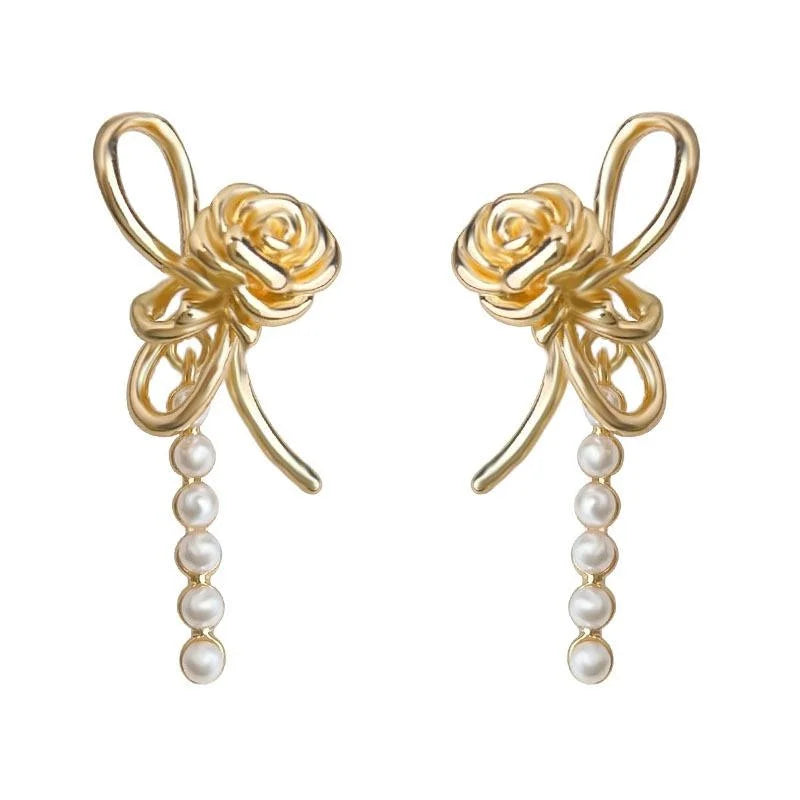 Light Luxury Rose Flower Pearl Copper Drop Earrings For Women