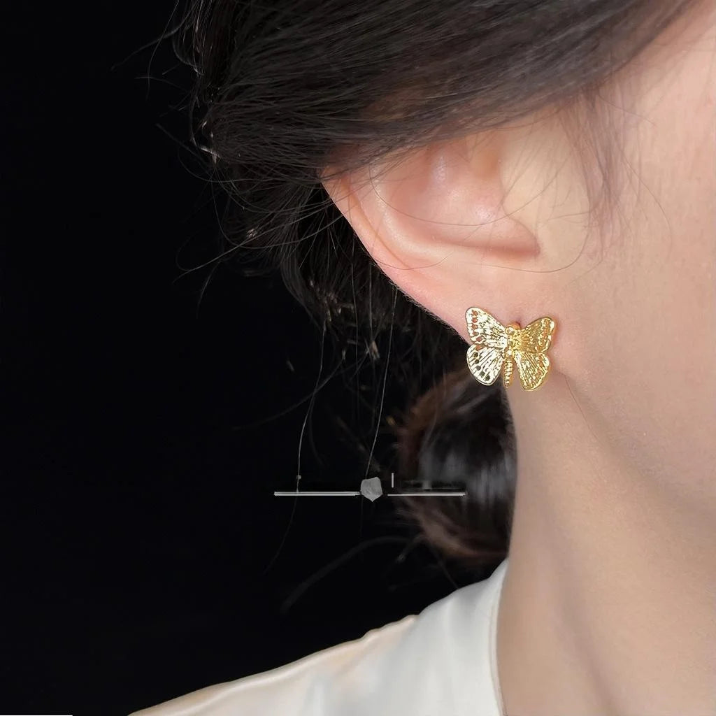 French Vintage Fluttering Butterfly Stud Earrings Copper Elegant Office Jewelry