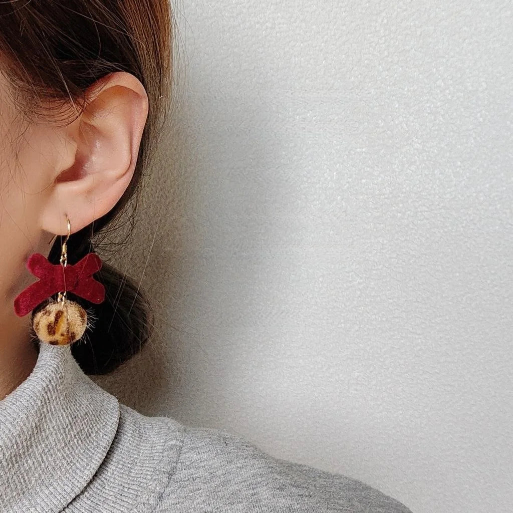 Burgundy Flocked Bow Drop Earrings With Silver Plated Posts Simple Korean Style Pom Pom Jewelry