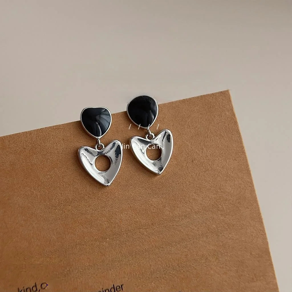 Sweet Cool Black Enamel Hollow Heart Copper Drop Earrings For Women