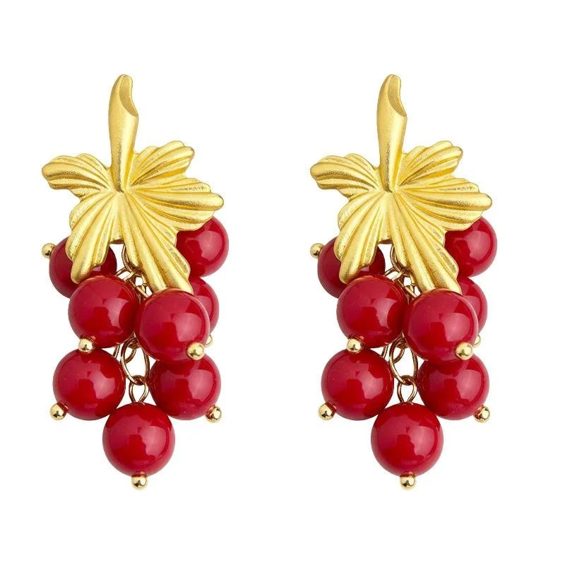 Ankora Style Red Grape Cluster Tassel Drop Earrings Handmade Copper Resin