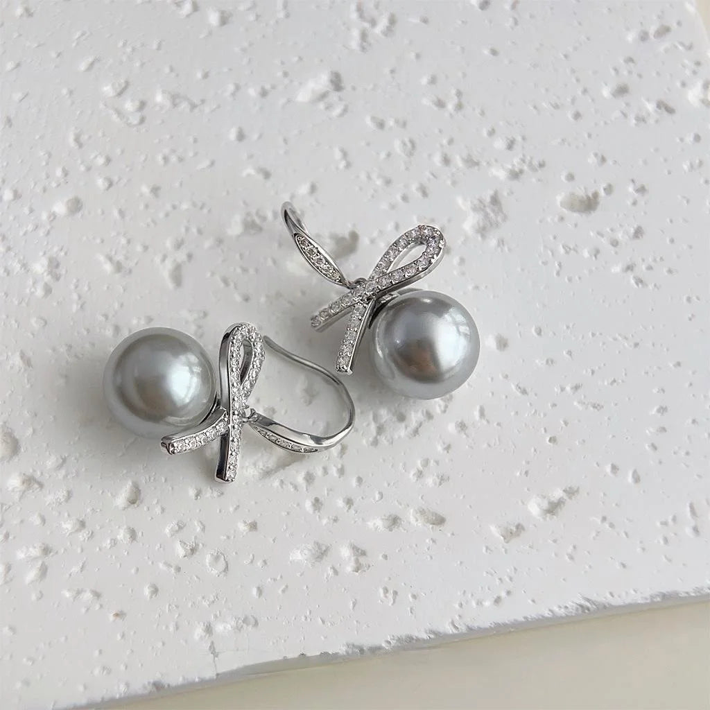 Luxury Gray Glass Pearl Bow Drop Earrings For Women Copper Micro Pave Zircon Minimalist Jewelry