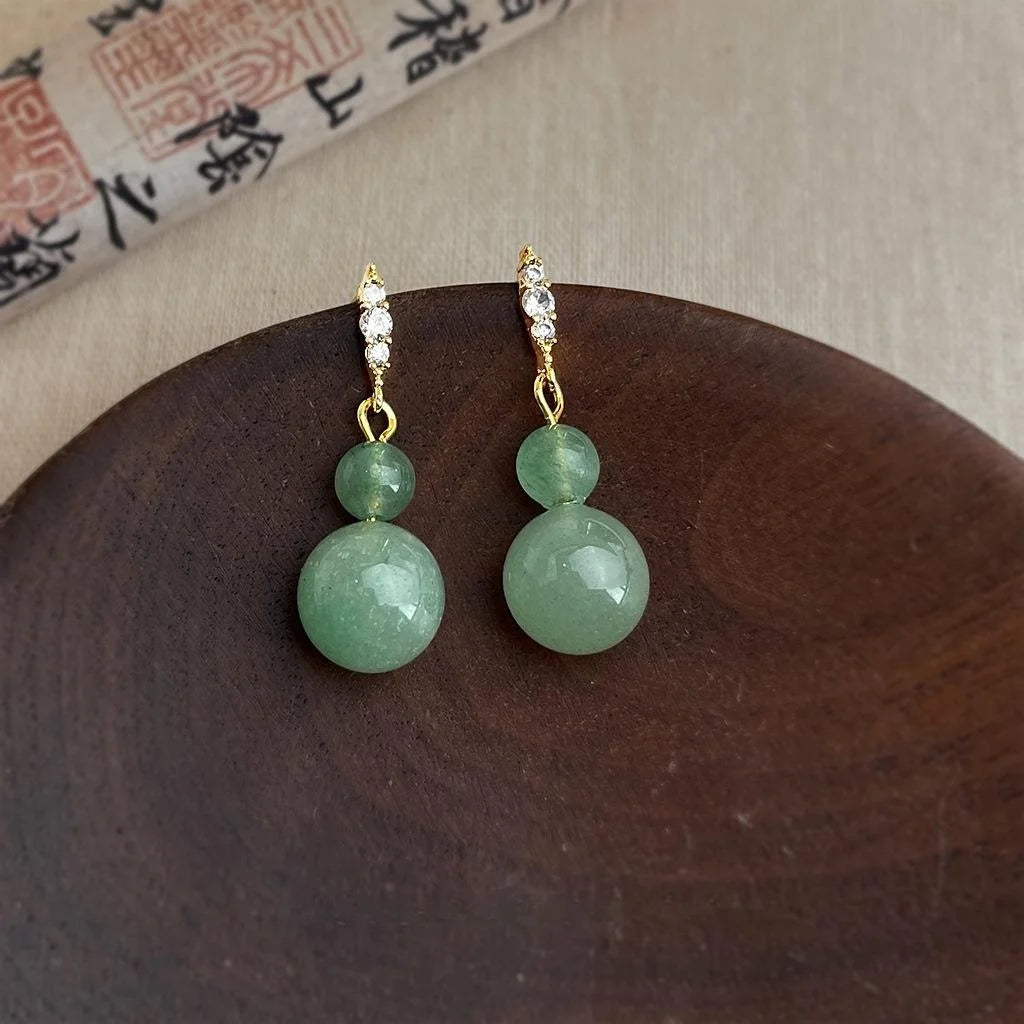 New Chinese Vintage Palace Style Gourd Aventurine Zircon Copper Drop Earrings