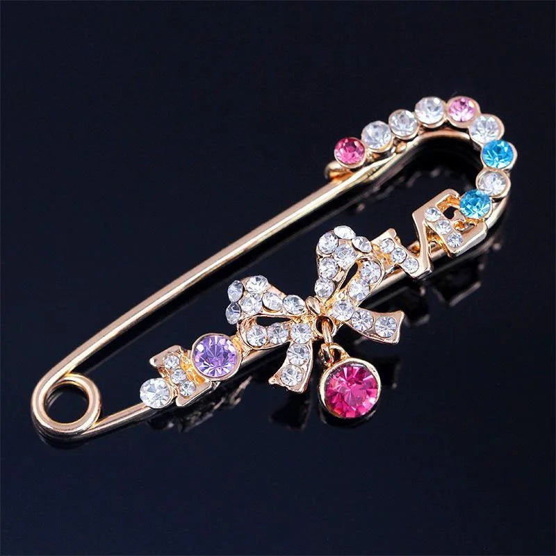 Elegant Rhinestone Bow Safety Brooch With Colorful Crystals, Women's Alloy Lapel Pin Scarf Corsage Gift