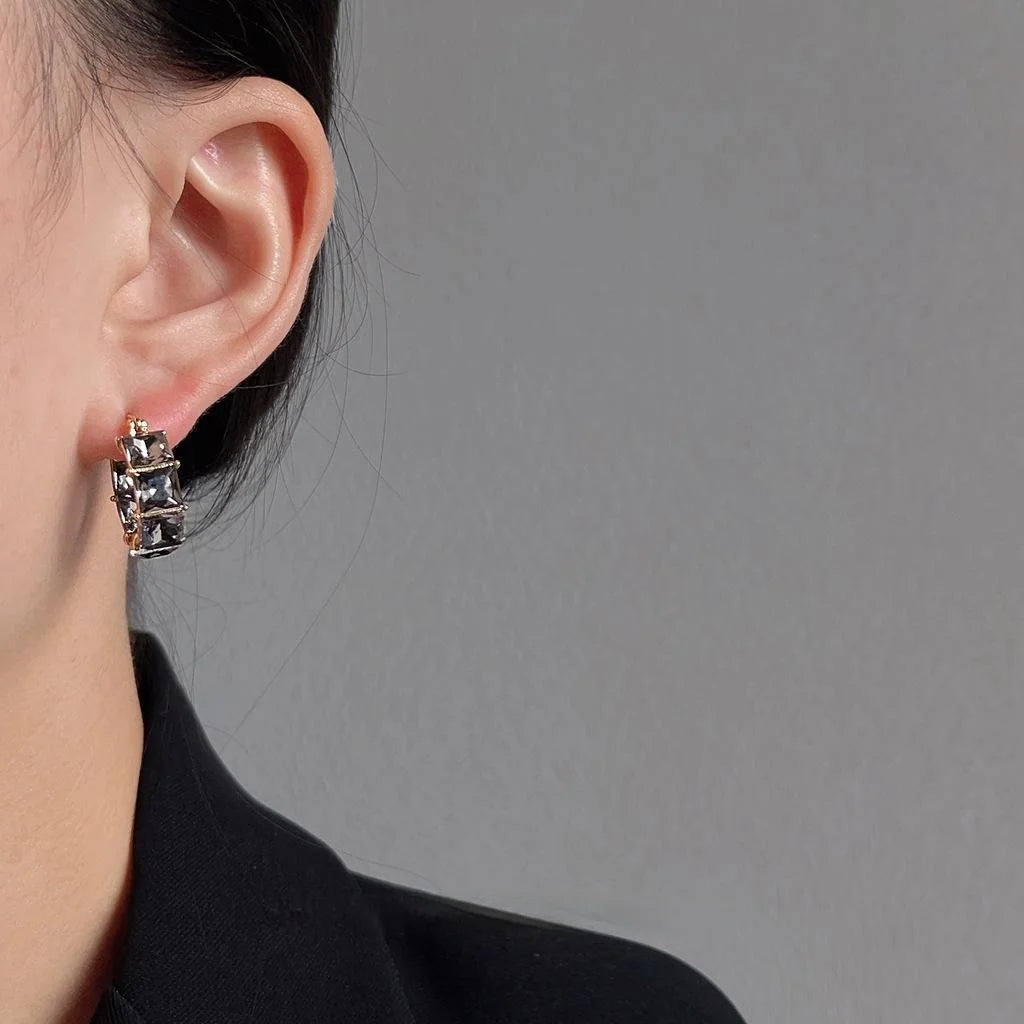 French Luxury Gray Glass Crystal Geometric Ring Drop Earrings, Niche Sugar Cube Style