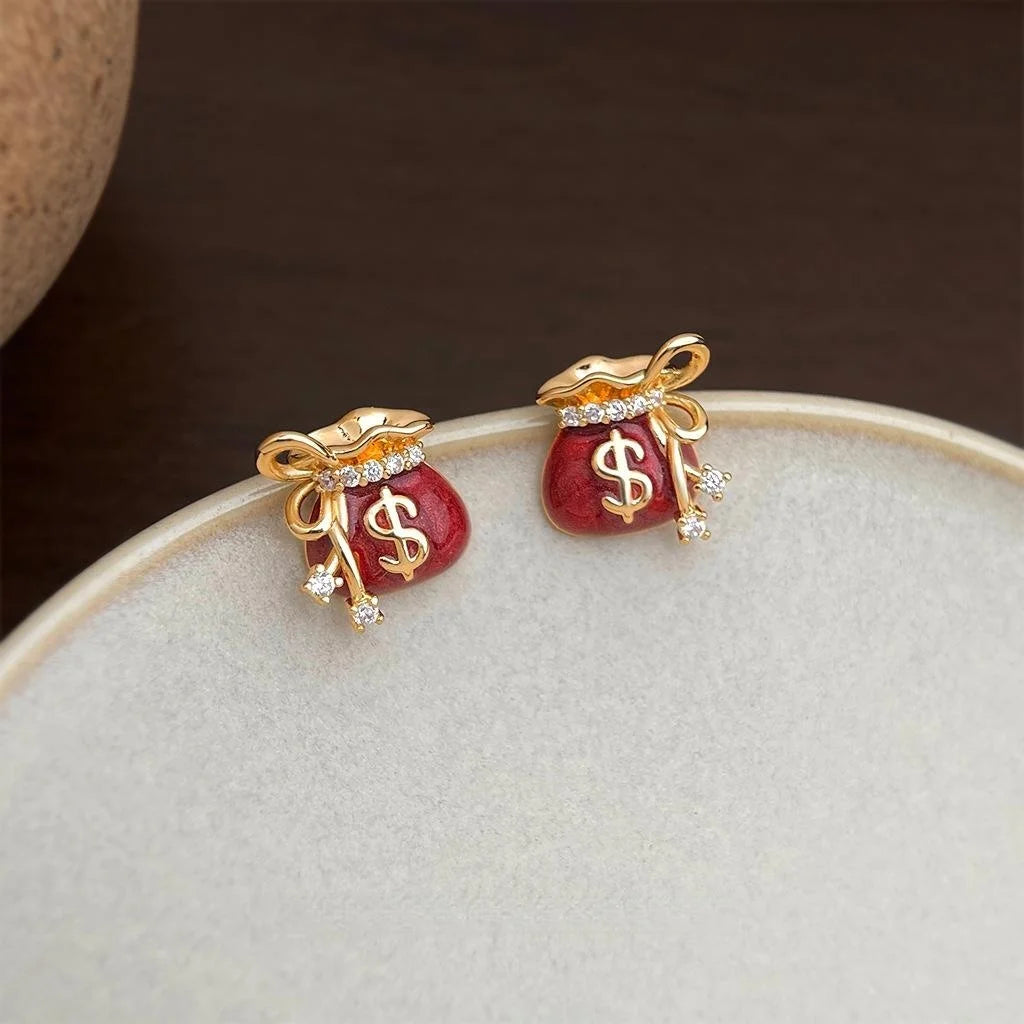 Luxury Burgundy Enamel Zircon Copper Money Bag Stud Earrings