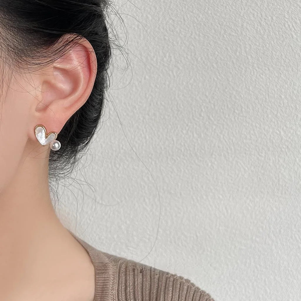 Minimalist Heart Shell Pearl Stud Earrings Copper Geometric Sweet Elegant Jewelry