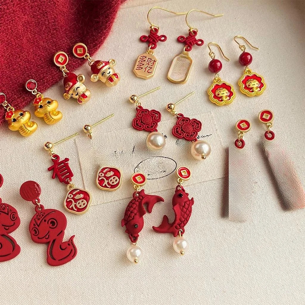 New Chinese Red Copper Snake Year Lucky Knot Geometric Drop Earrings