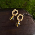 French Vintage Matte Gold Plated Natural Citrine Crystal Geometric Hoop Drop Earrings