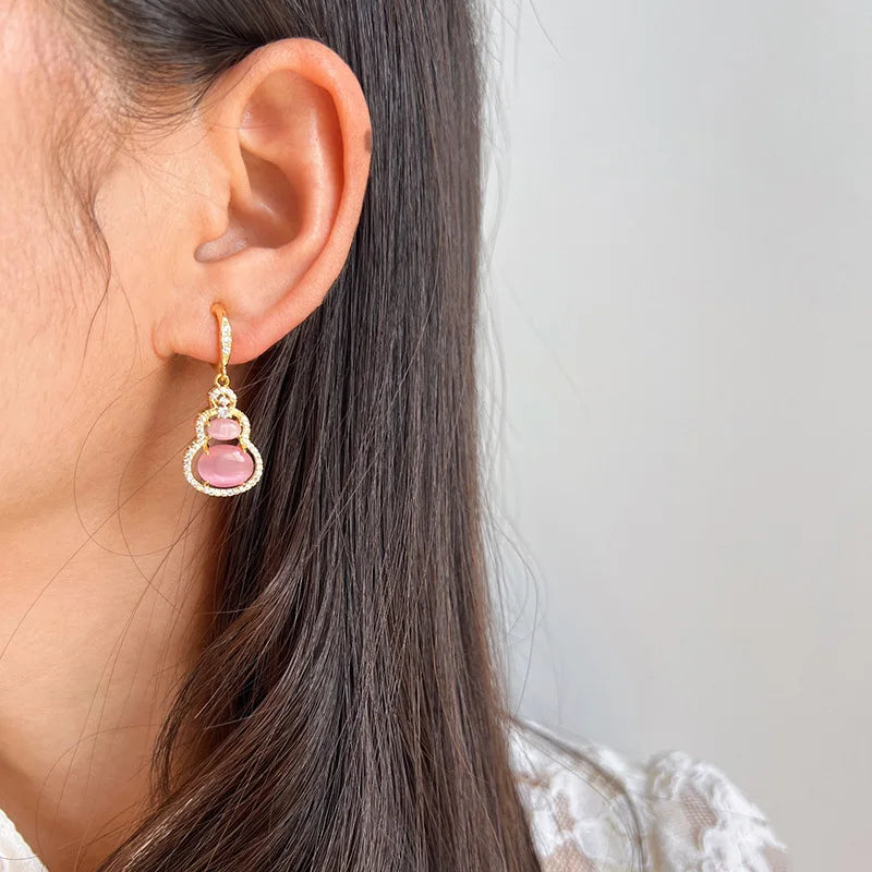 Elegant Pink Cat Eye Stone Gourd Drop Alloy Rhinestone Stud & Clip On No Piercing Vintage Earrings