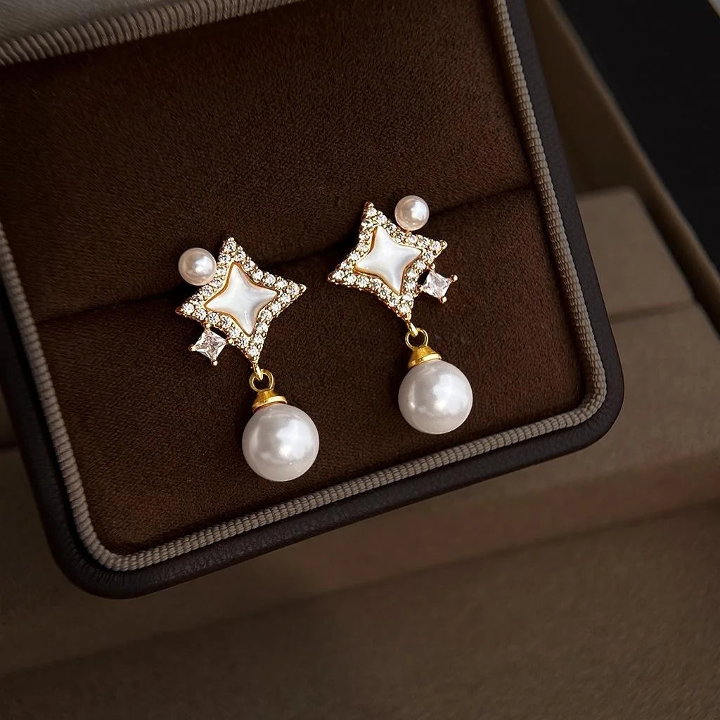 Light Luxury Copper Real Shell Zircon Pearl Tassel Starburst Drop Earrings For Women