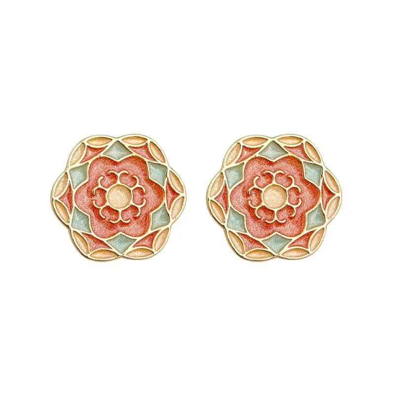 New Chinese Ethnic Enamel Flower Petal Copper Stud Earrings