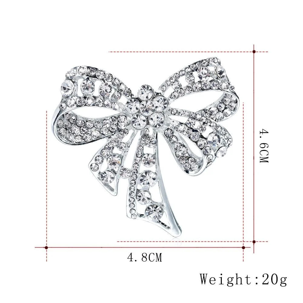 Elegant Rhinestone Bow Brooch Silver Alloy Crystal Lapel Pin Corsage For Women's Suit Accessory Gift