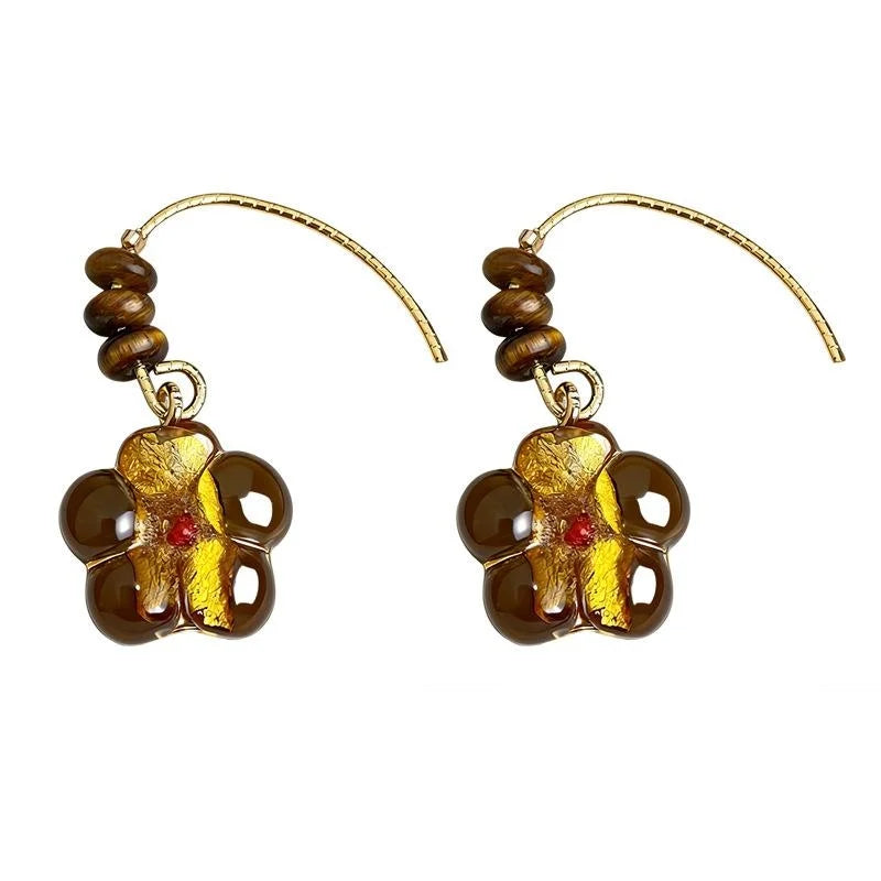 Vintage Maillard Handmade Liuli Glass Flower Tiger Eye Stone Copper Drop Earrings For Women
