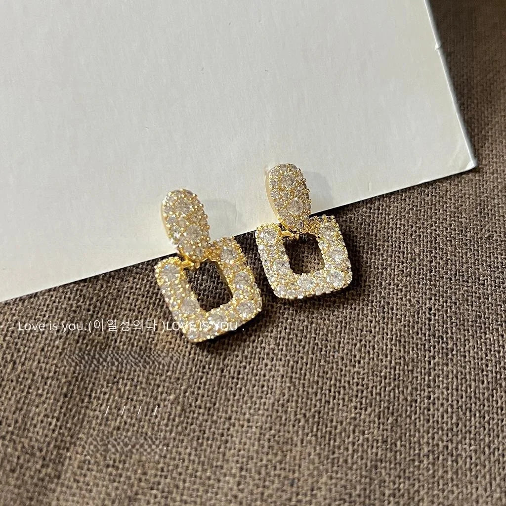 18K Gold Plated Copper Zircon Geometric Rectangle Clip On Drop Earrings