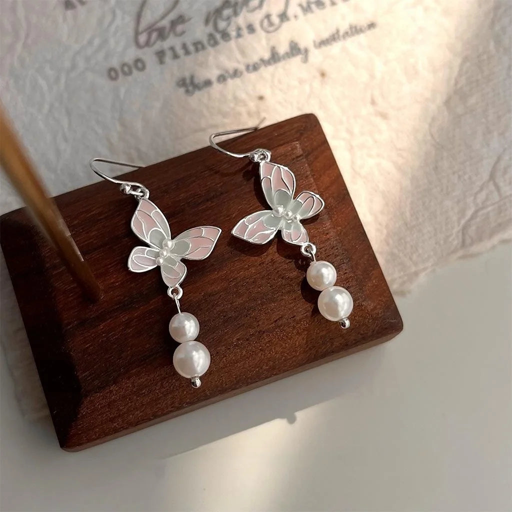 Fresh Sweet Long Pink Butterfly Tassel Drop Earrings Copper New Chinese Style Handmade Jewelry