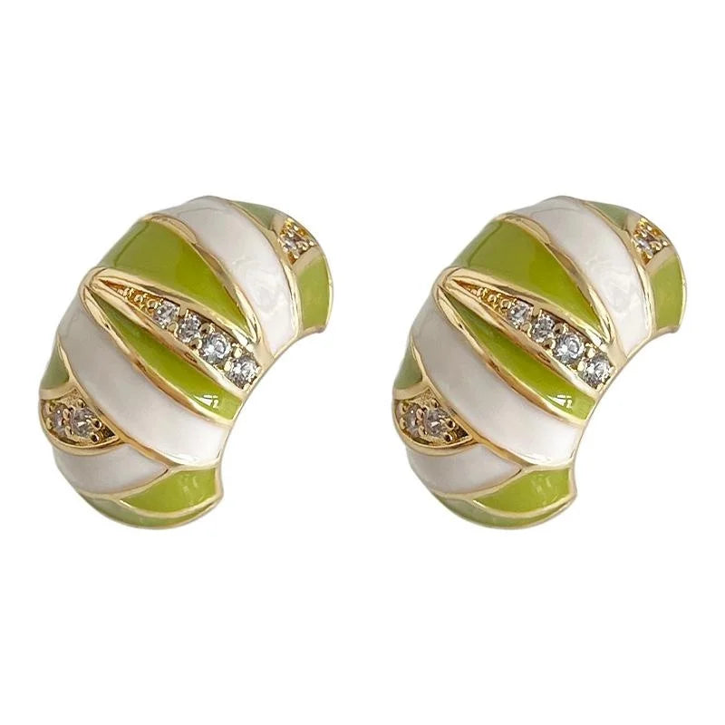 Green Zircon Micro Pave Copper C Shaped Hoop Earrings Geometric Line Commuter Jewelry