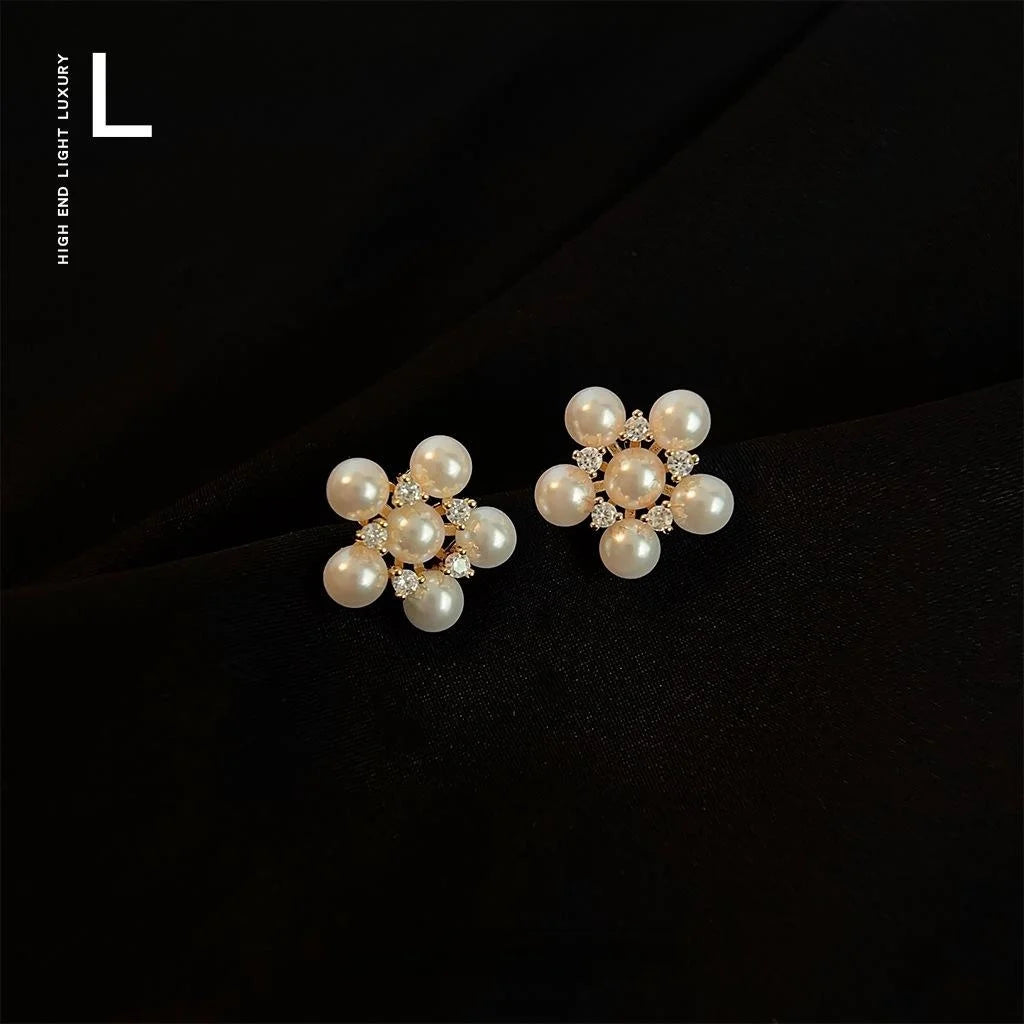 French Vintage Micro Pave Zircon Pearl Flower Stud Earrings Copper Sunflower Hepburn Style