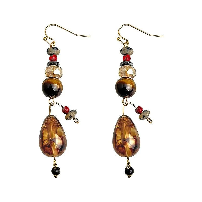 French Vintage Designer Tassel Drop Earrings With Teardrop Crystal Glass Tiger Eye And Onyx