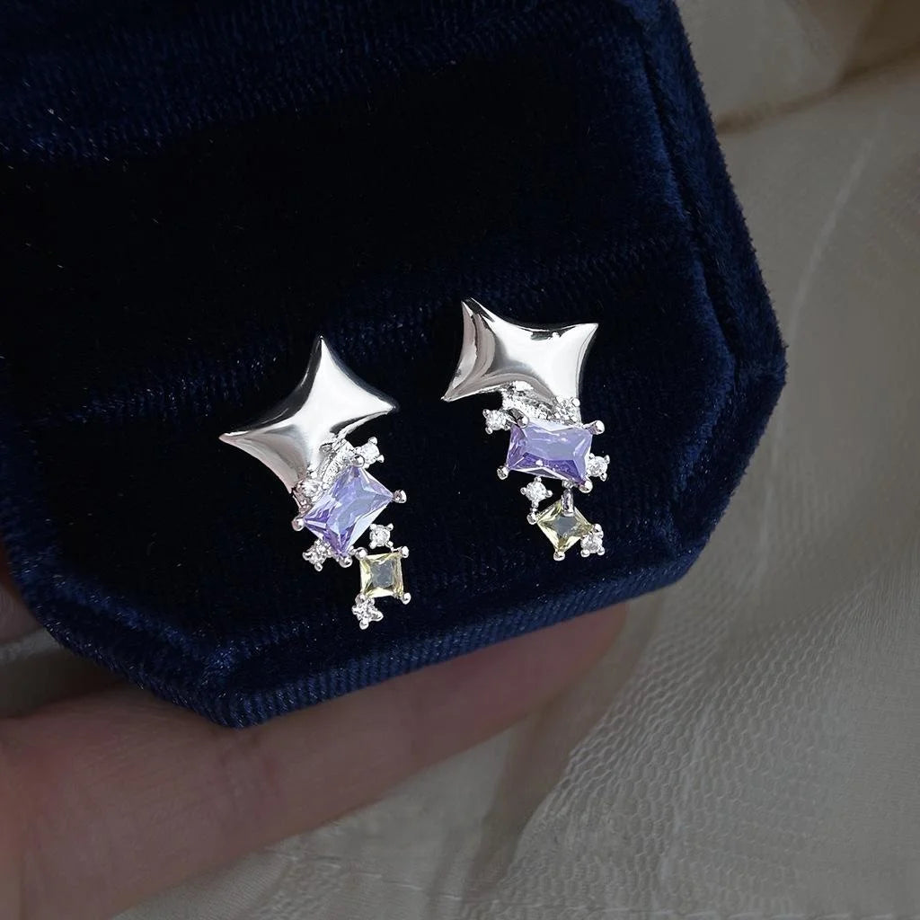 Eco-Friendly Copper Micro Pave Zircon Purple Geometric Square Stud Earrings Sweet Cool Metal Style