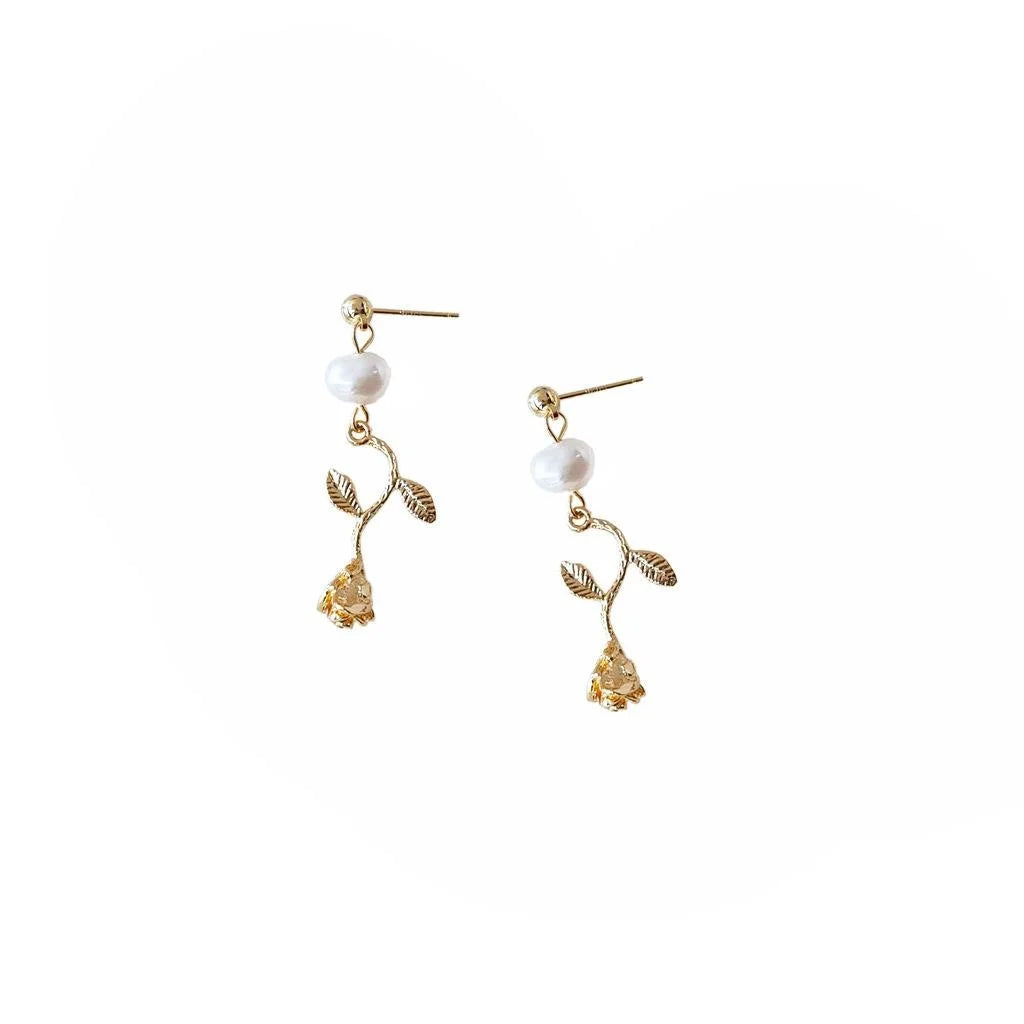 Handmade Freshwater Pearl Rose Stud Earrings, Minimalist Floral Geometric Jewelry