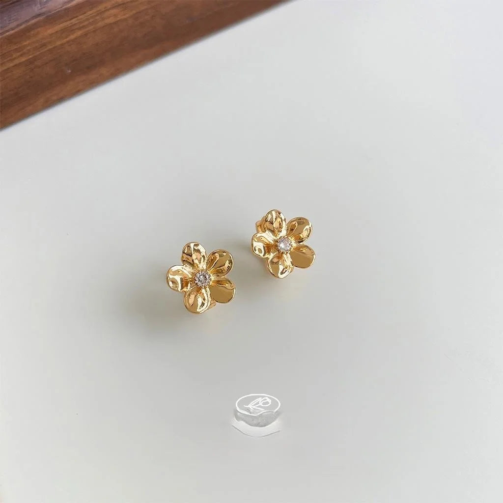Copper Micro Pave Zircon Peach Blossom Stud Earrings Sweet 3D Flower Spring Jewelry