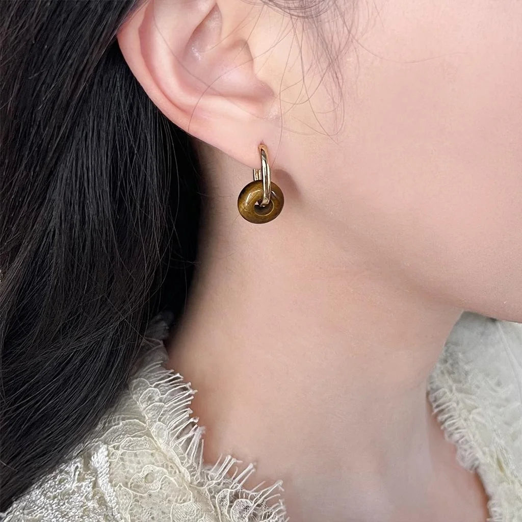 14K Gold Plated Copper Tiger Eye Stone Geometric Round Peace Buckle Drop Earrings For Women