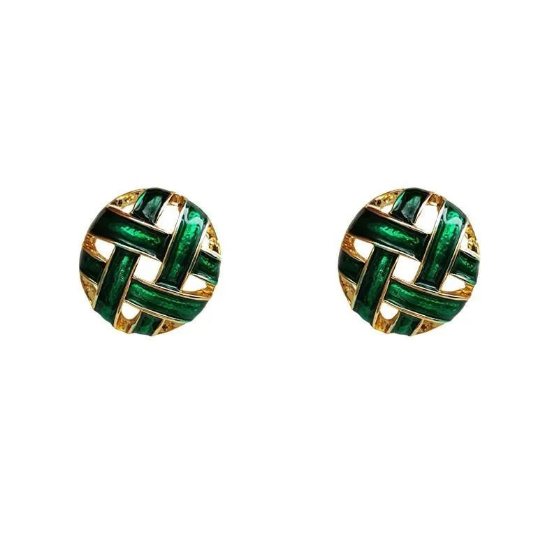 Light Luxury Vintage Woven Half Moon Green Enamel Hollow Copper Stud Earrings