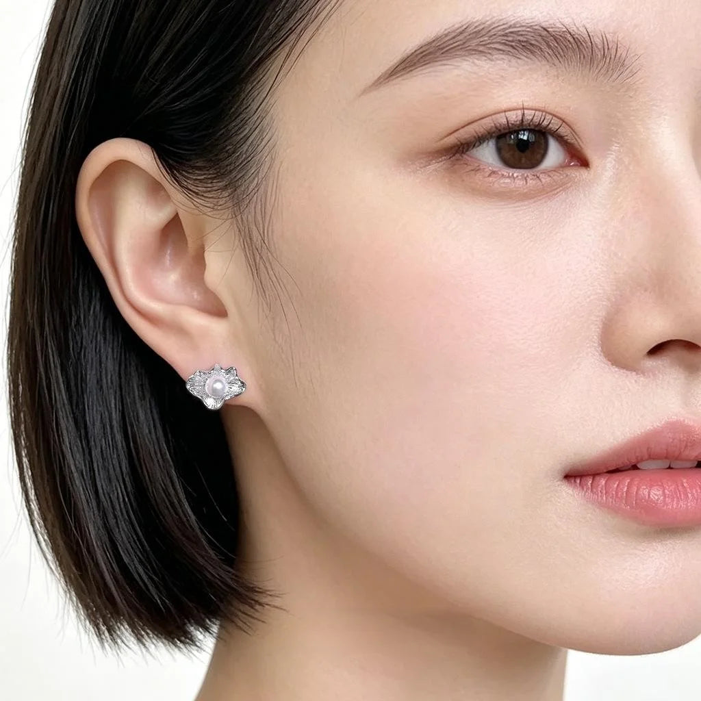 Minimalist Irregular Ruffle Leaf Glass Pearl Copper Stud Earrings Artistic Chic Jewelry