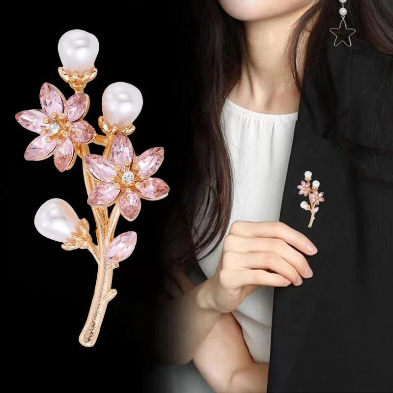Elegant Sakura Flower Brooch With Faux Pearl Rhinestone Alloy Branch, Luxury Lapel Pin Corsage Suit Accessory Gift