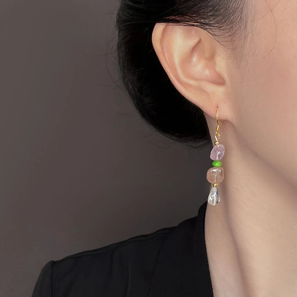 Handmade Natural Stone Drop Earrings With Strawberry Quartz Amethyst Irregular Geometric Pastoral Style