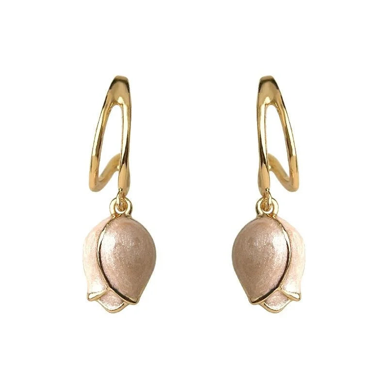 Sweet Pink Tulip Drop Earrings 14K Plated Copper Floral Oil Painting Enamel