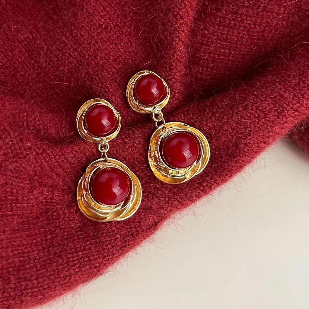 Vintage Burgundy Red Pearl Long Tassel Drop Earrings Handmade Copper Geometric Luxury Style