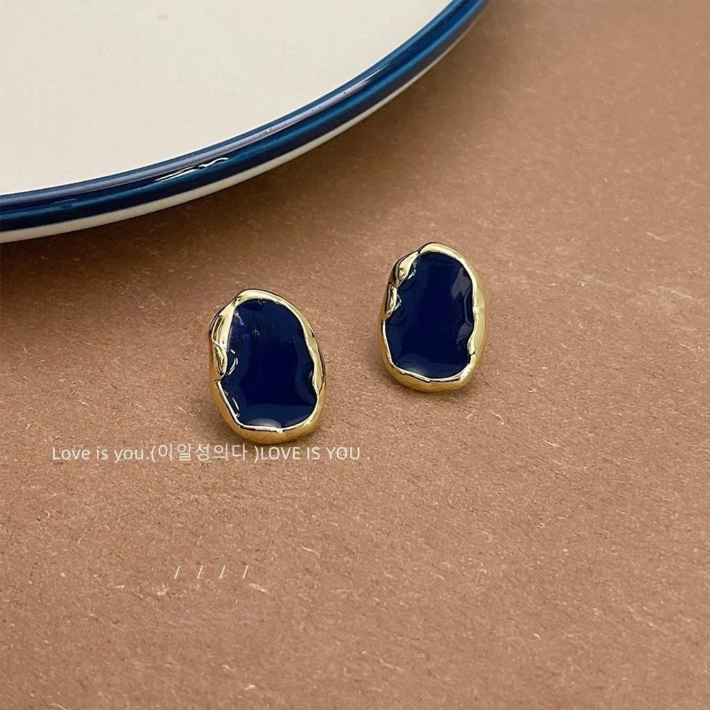 Haze Blue 14K Plated Metal Geometric Oval Enamel Stud Earrings For Women
