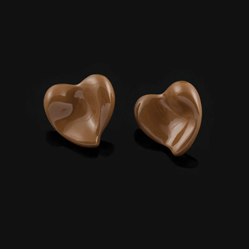 Elegant French Glossy Coffee Brown Enamel Heart Alloy Stud & Clip On No Piercing Statement Earrings