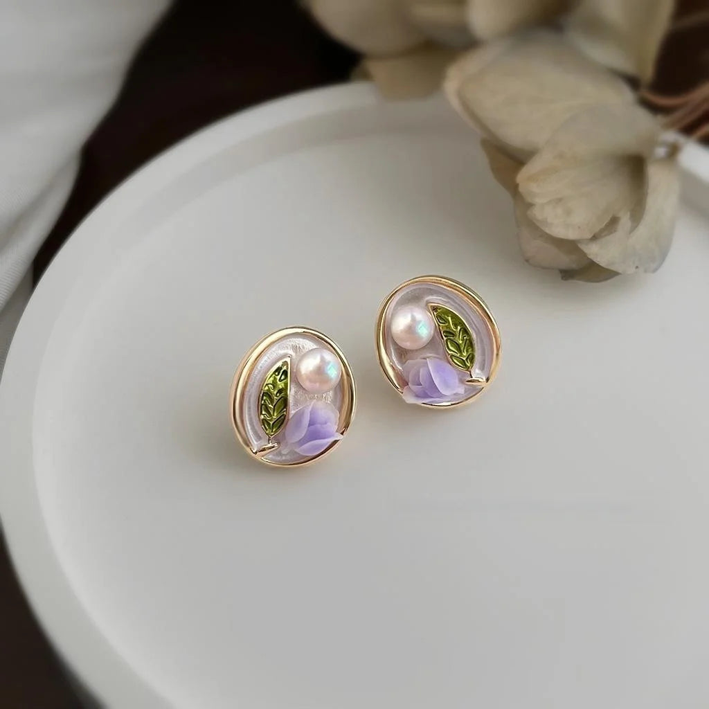 Freshwater Pearl Purple Tulip Hand Painted Enamel Stud Earrings Silver Plated Hepburn Floral Jewelry