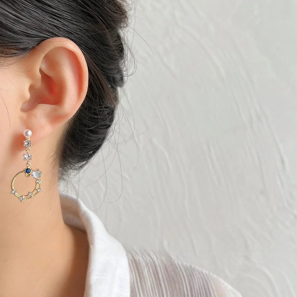 14K Gold Plated Copper Micro Pave Zircon Star Tassel Stud Earrings Asymmetric Jewelry