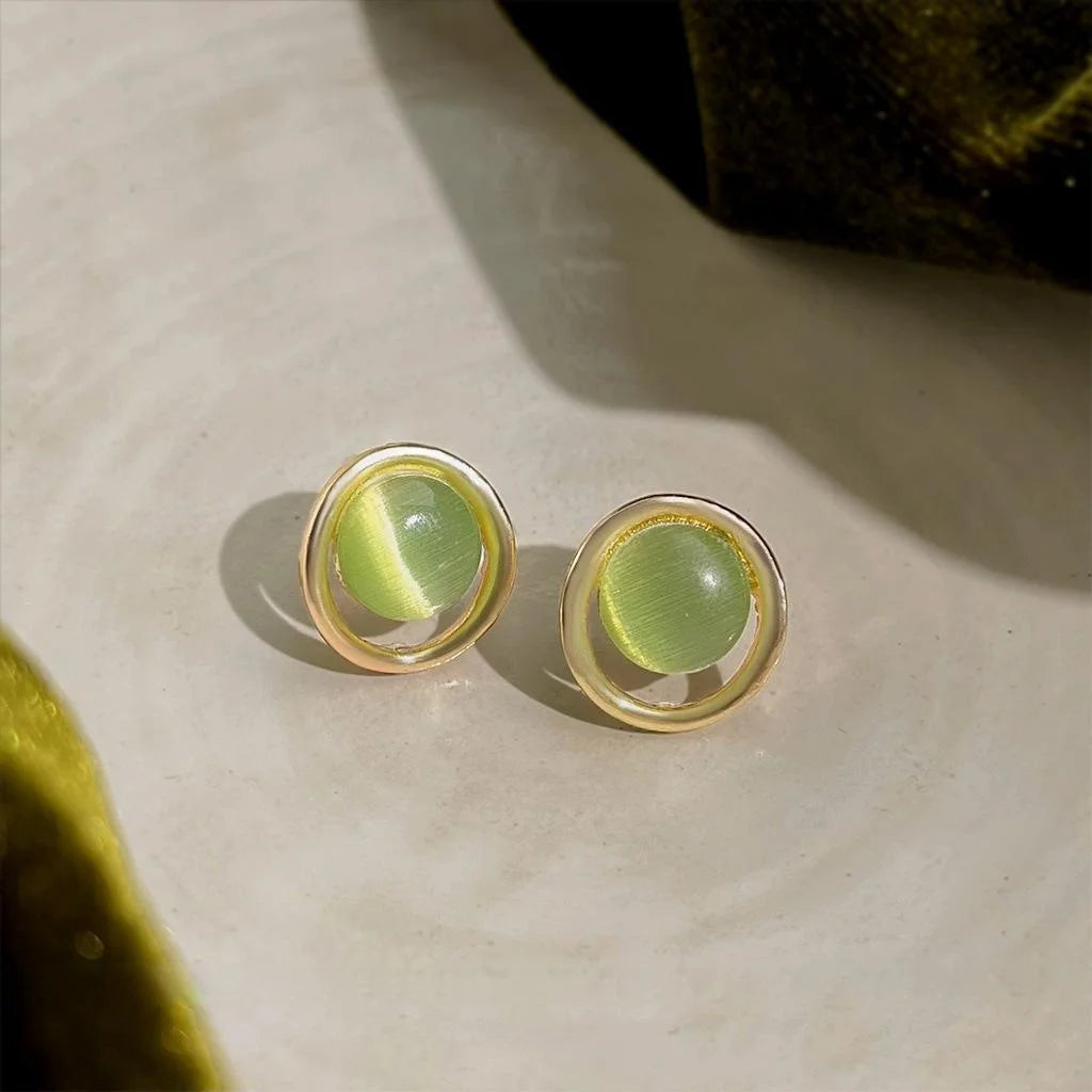 Fresh Green Glass Cat Eye Stone Round Geometric Copper Stud Earrings For Commuting